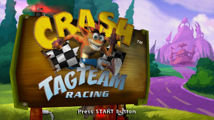 Crash Tag Team Racing for PlayStation 2 (PS2) featuring the hilarious fusion of high-speed racing and platforming adventure where you can "clash" your vehicle with an opponent's to create a powerful hybrid turret-car; explore Von Clutch's Motor World on foot, solve puzzles, and collect Power Gems in this wacky, combat-heavy twist on the Crash Bandicoot racing formula main menu title screen