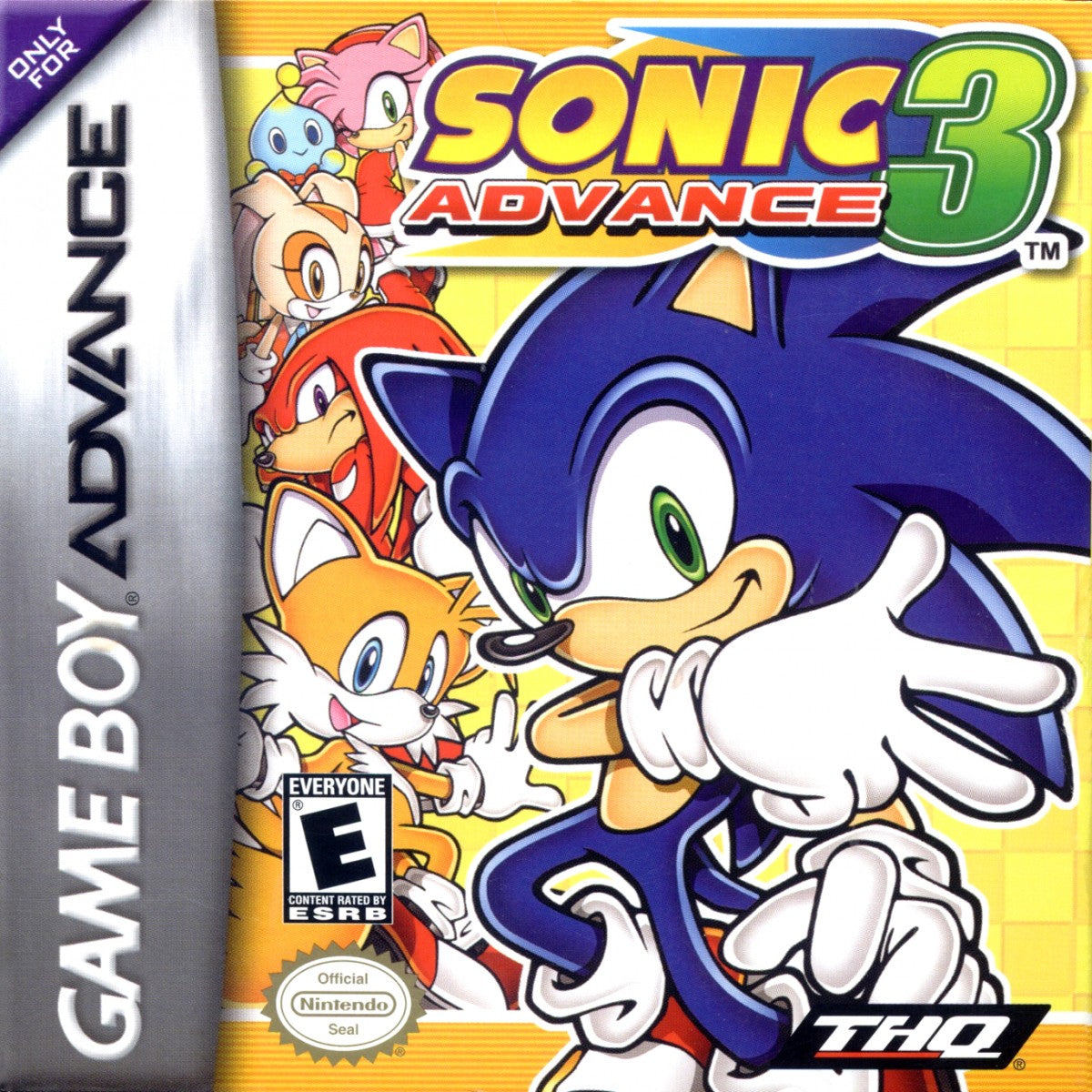 Sonic Advance 3 for Game Boy Advance (GBA), cover image for a retro video game featuring fast-paced platforming gameplay, side-scrolling action, multiplayer co-op, collectible rings, and iconic character-based adventures