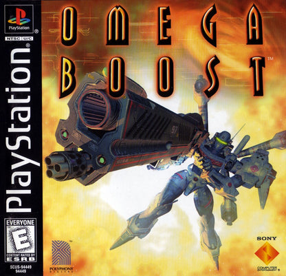 Omega Boost retro sci-fi rail shooter mech combat game for PlayStation 1 (PS1) cover art