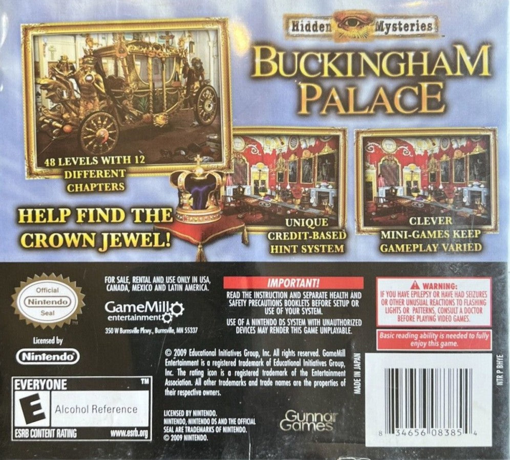 Hidden Mysteries Buckingham Palace Nintendo DS for puzzle adventure video game fans featuring hidden object gameplay royal palace exploration historical mysteries artifact discovery touch screen controls challenging puzzles investigation gameplay educational entertainment collectible gaming appeal back cover art