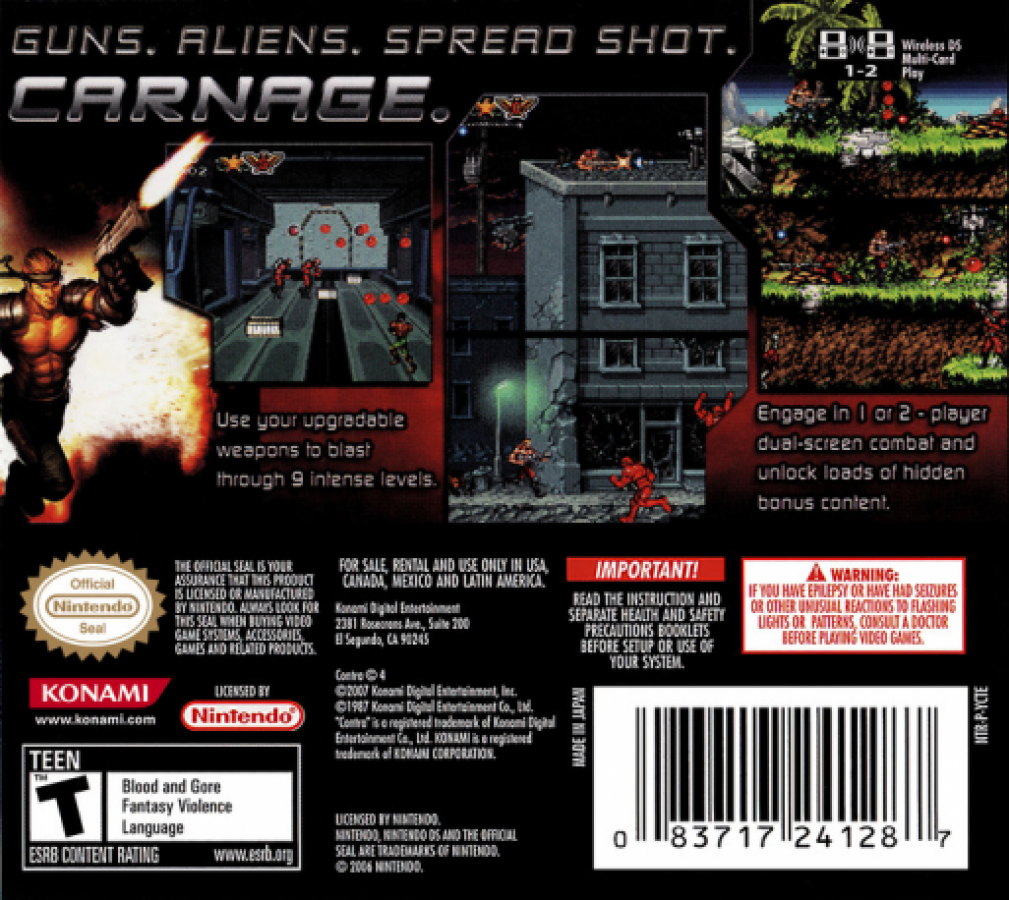 Contra 4 back of case for Nintendo DS (DS) run-and-gun action video game