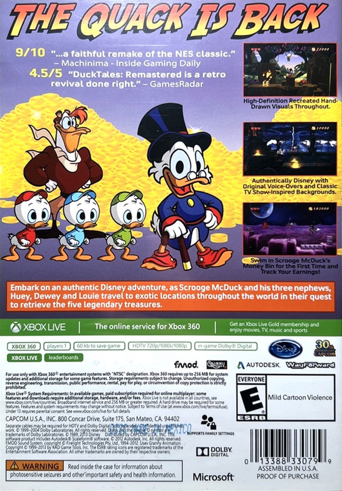 DuckTales Remastered Xbox 360 for retro video game enthusiasts featuring classic side scrolling platforming gameplay hand drawn animated visuals Scrooge McDuck treasure hunting adventures cane pogo mechanics colorful Disney worlds nostalgic action platforming and collectible gaming appeal back cover art