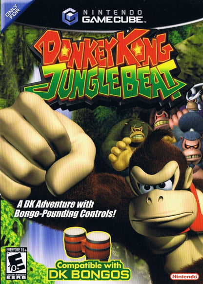 Donkey Kong Jungle Beat Nintendo GameCube DK Bongos Bundle missing original outer box side-scrolling 2.5D platformer action video game exclusive bongo drums controller peripheral unique rhythm-based platforming Nintendo EAD Tokyo developed front cover
