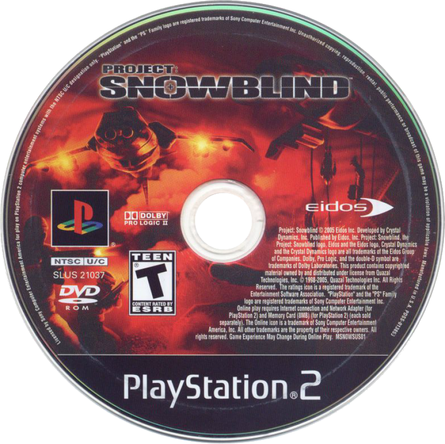 Project Snowblind PS2 PlayStation 2 first person shooter sci fi action game cybernetic combat futuristic warfare stealth and gunplay retro video game disc