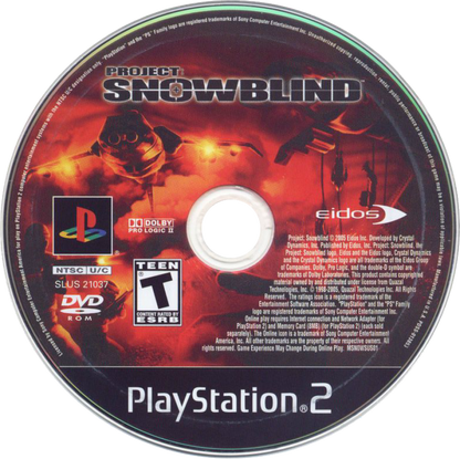 Project Snowblind PS2 PlayStation 2 first person shooter sci fi action game cybernetic combat futuristic warfare stealth and gunplay retro video game disc