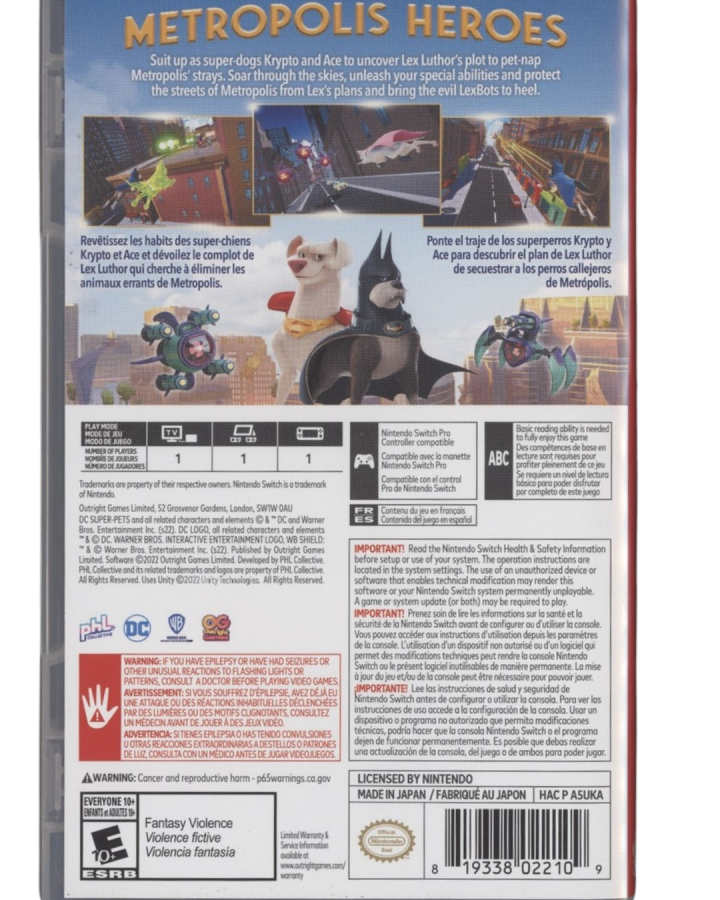 The DC League of Super-Pets Adventures of Krypto and Ace Nintendo Switch action-adventure game featuring co-op gameplay for Superman's dog and Batman's canine back cover