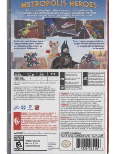The DC League of Super-Pets Adventures of Krypto and Ace Nintendo Switch action-adventure game featuring co-op gameplay for Superman's dog and Batman's canine back cover
