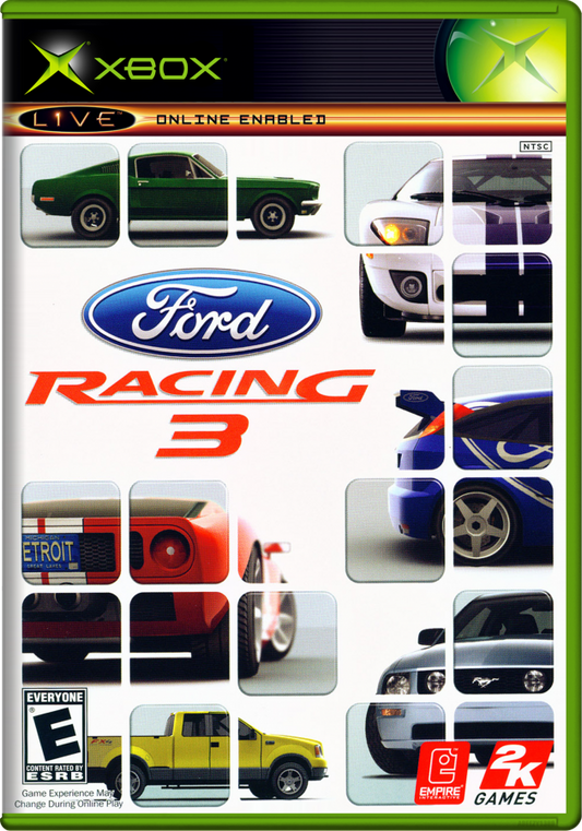Xbox game front cover for 'Ford Racing 3' featuring Ford logo and car graphics.