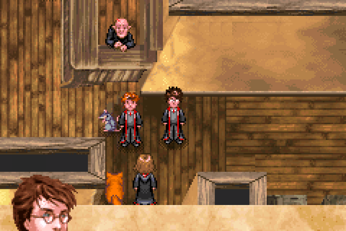 Harry Potter and the Prisoner of Azkaban for Game Boy Advance, gameplay for a role-playing video game with turn-based combat, spell casting, exploration, and wizarding world adventure