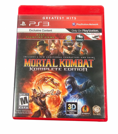 Mortal Kombat Komplete Edition Greatest Hits PlayStation 3 PS3 for fighting video game fans featuring iconic Mortal Kombat characters brutal combat fatalities special moves story mode challenging battles and classic arcade style gameplay collectible retro Sony PlayStation gaming appeal front