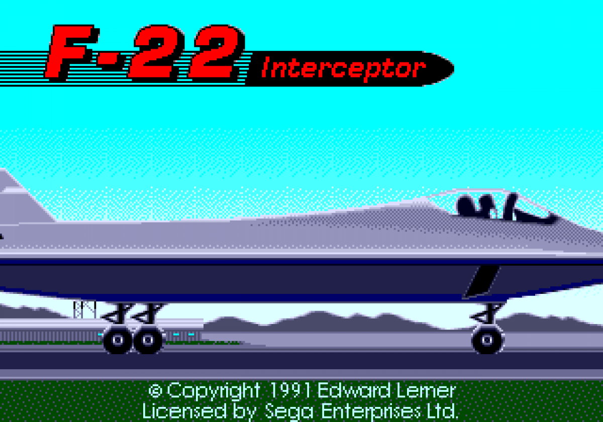 F-22 Interceptor Advanced Tactical Fighter for Sega Genesis, title screen for a combat flight simulation video game with jet fighter missions, aerial dogfighting, military combat, and tactical aviation gameplay