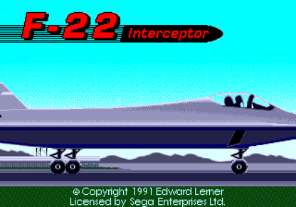 F-22 Interceptor Advanced Tactical Fighter for Sega Genesis, title screen for a combat flight simulation video game with jet fighter missions, aerial dogfighting, military combat, and tactical aviation gameplay