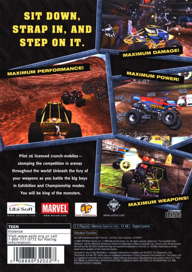 Monster Jam: Maximum Destruction back cover art for PlayStation 2 (PS2) featuring explosive monster truck battles with real licensed vehicles, destructible arenas, and chaotic arcade action.