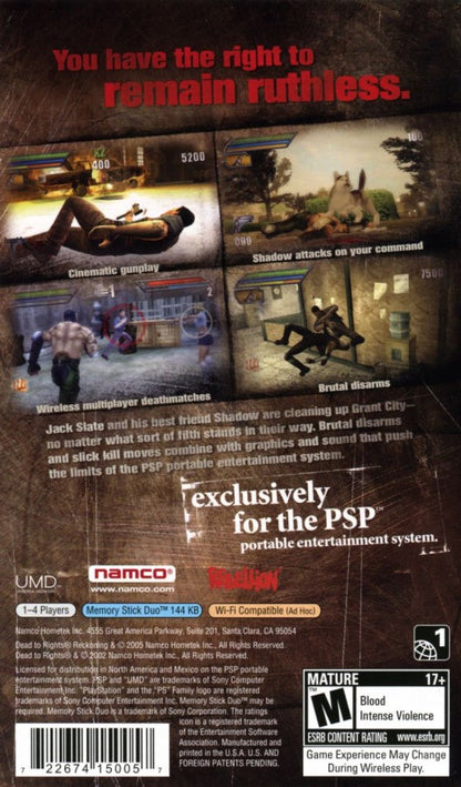 Dead to Rights: Reckoning – PlayStation Portable (PSP) back of case for third-person action shooter video game