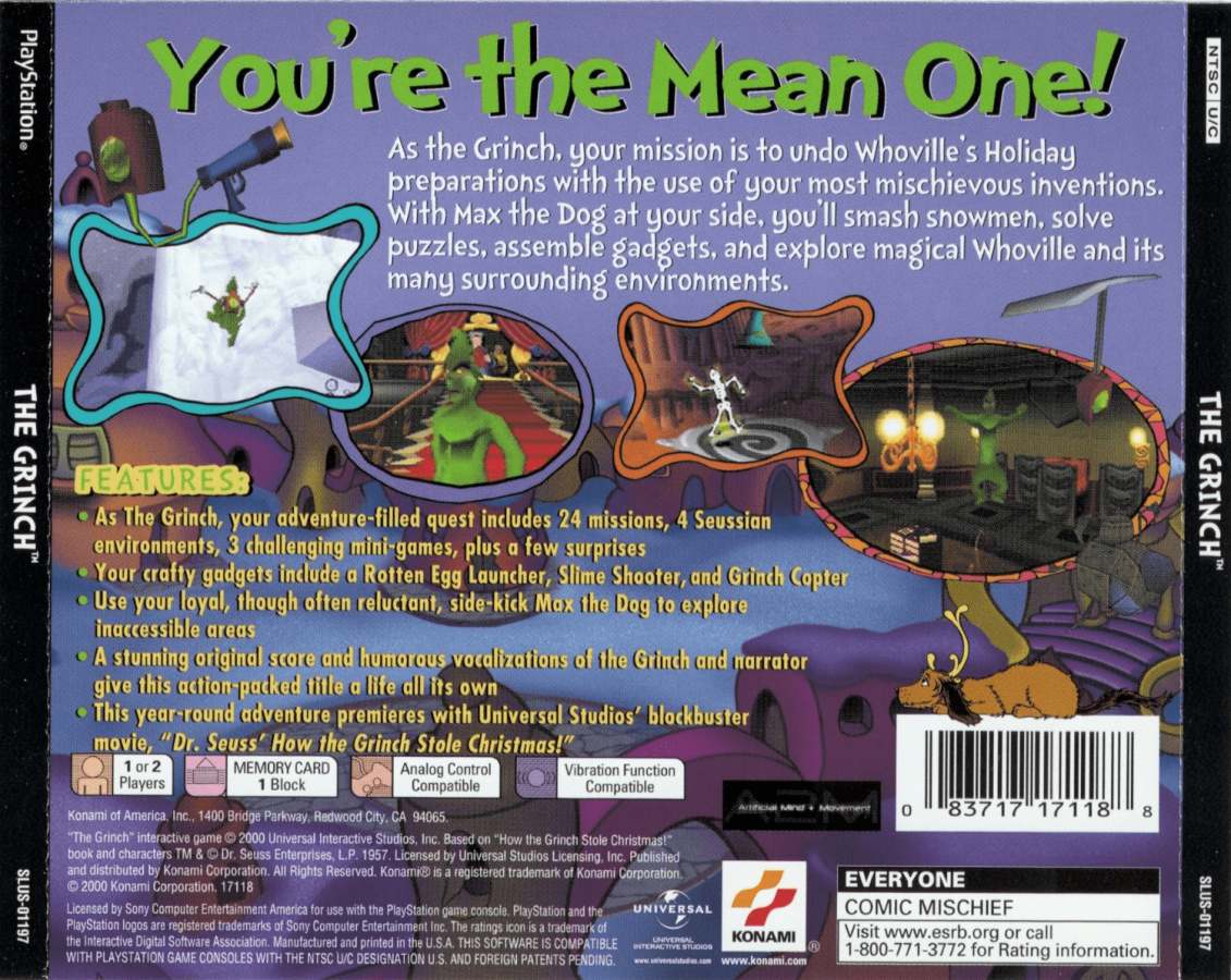 The Grinch PlayStation 1 PS1 platformer action-adventure video game based on the 2000 live-action film starring Jim Carrey stealing Christmas from Whoville exploring Whoville back of case