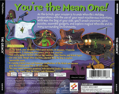 The Grinch PlayStation 1 PS1 platformer action-adventure video game based on the 2000 live-action film starring Jim Carrey stealing Christmas from Whoville exploring Whoville back of case
