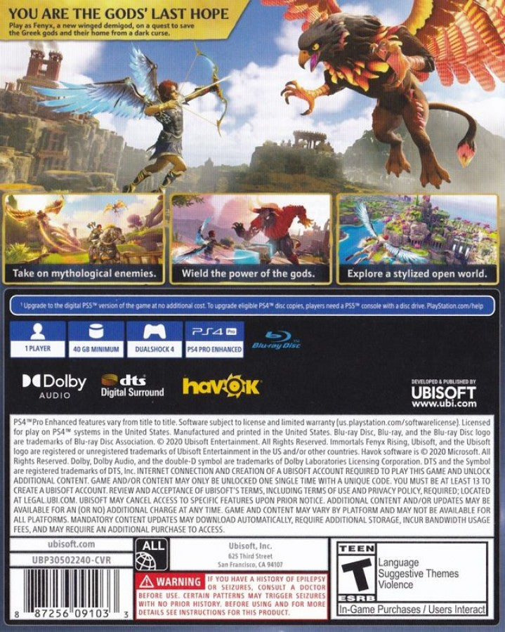 Immortals: Fenyx Rising – PlayStation 4 (PS4) video game back of case, open-world action-adventure title for PS4