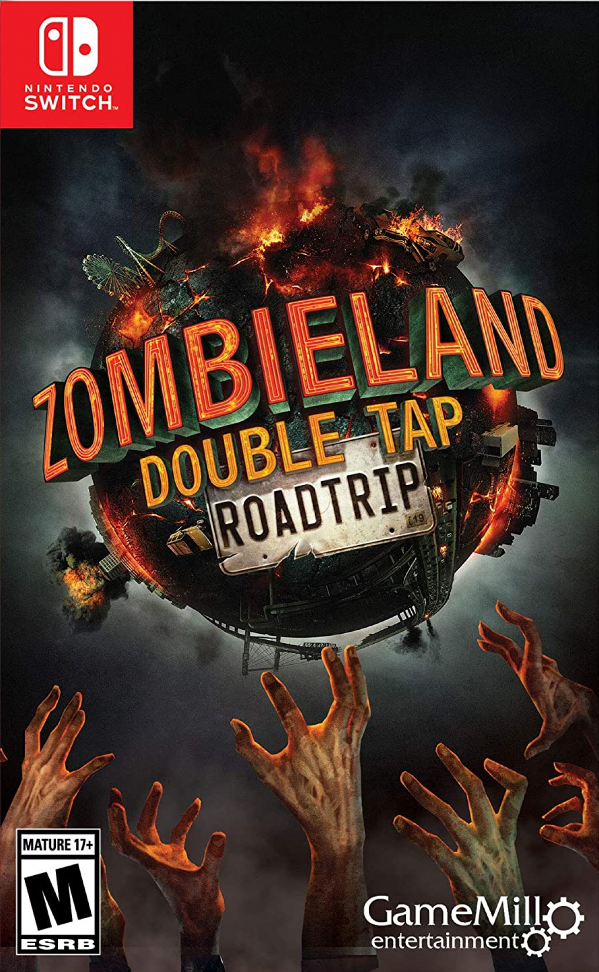 Zombieland Double Tap Road Trip Nintendo Switch NS for action shooter video game fans featuring twin stick arcade gameplay cooperative multiplayer zombie battles iconic characters fast paced combat humorous storytelling survival action and collectible gaming appeal front cover art