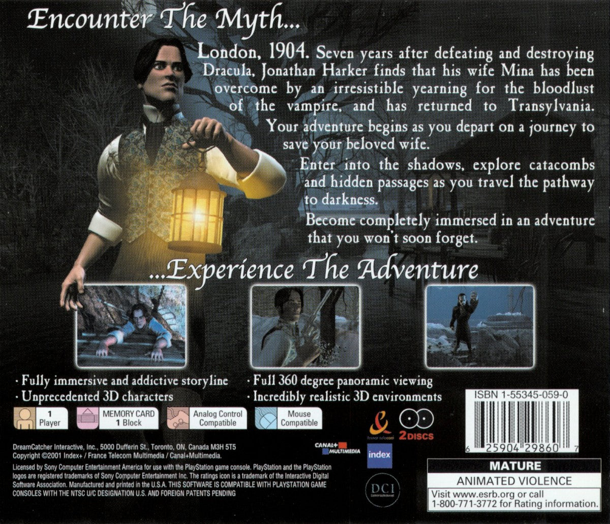 Dracula The Resurrection PlayStation PS1 for adventure video game fans featuring gothic horror storytelling vampire mysteries point and click exploration atmospheric environments puzzle solving cinematic scenes dark supernatural adventure classic PlayStation gaming collectible appeal back cover art