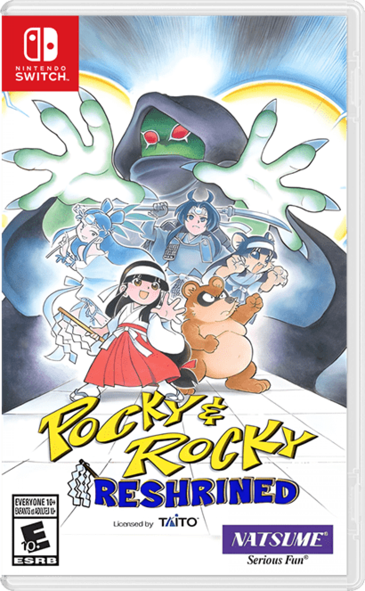 Pocky and Rocky Reshrined Nintendo Switch NS video game featuring top down action shooter gameplay Pocky and Rocky characters yokai battles magical attacks enemy waves forest environments cooperative gameplay challenging stages and classic Nintendo Switch gameplay retro video game collection collectible gaming appeal cover art
