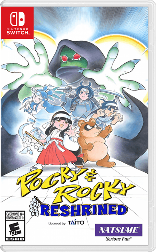 Pocky and Rocky Reshrined Nintendo Switch NS video game featuring top down action shooter gameplay Pocky and Rocky characters yokai battles magical attacks enemy waves forest environments cooperative gameplay challenging stages and classic Nintendo Switch gameplay retro video game collection collectible gaming appeal cover art