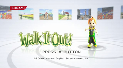 Walk It Out title screen for Nintendo Wii (Wii) featuring rhythm‑based walking gameplay across a vibrant virtual city, unlocking new areas, music tracks, and interactive environments as you step in time.