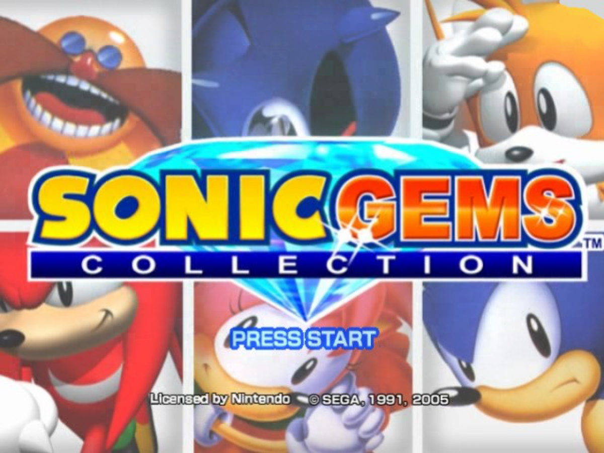 Sonic Gems Collection title screen for GameCube game featuring classic Sonic titles and retro arcade gameplay compilation  