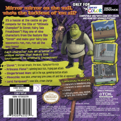 Shrek Fairy Tales Freakdown Game Boy Color GBC back of case featuring fairy tale inspired fighting gameplay colorful cartoon aesthetics playable Shrek universe characters fast paced one on one battles portable handheld gaming action classic Game Boy Color entertainment and collectible retro gaming appeal
