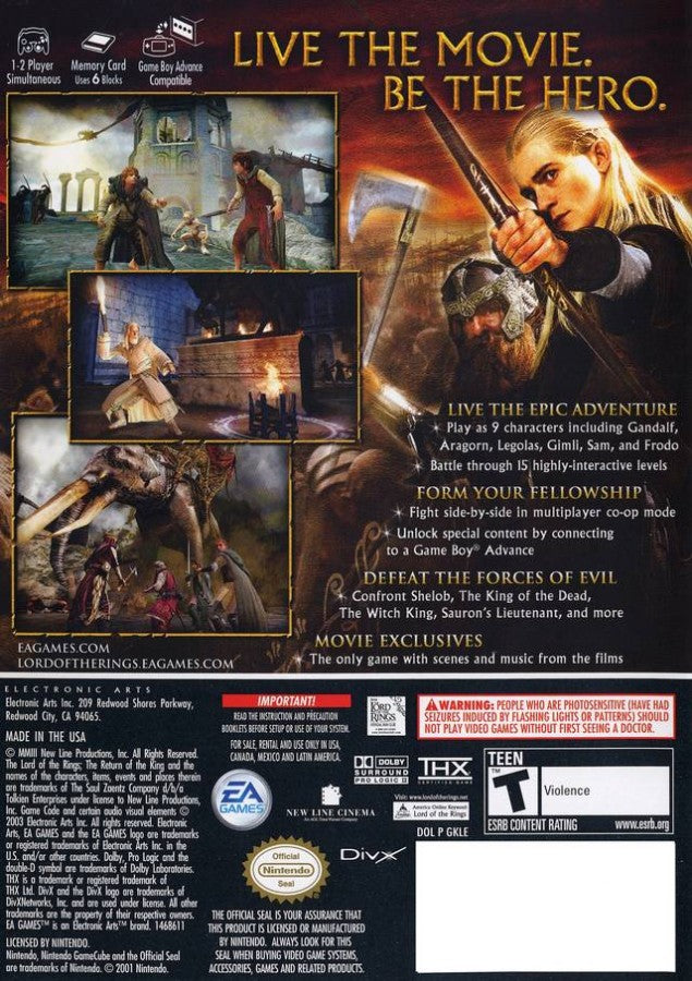 Back cover for The Lord of the Rings The Return of the King Player’s Choice GameCube game featuring cooperative action gameplay based on the epic fantasy film 