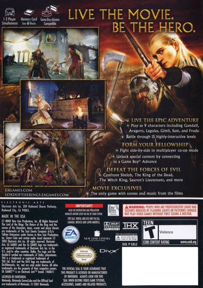 Back cover for The Lord of the Rings The Return of the King Player’s Choice GameCube game featuring cooperative action gameplay based on the epic fantasy film 