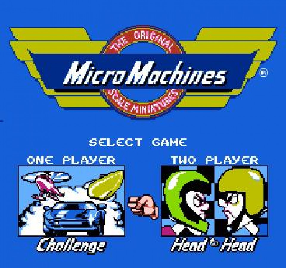 Micro Machines Nintendo Entertainment System NES video game featuring top down racing gameplay miniature vehicles colorful tracks competitive races obstacle courses fast paced driving action multiplayer racing and classic 8 bit Nintendo gameplay retro video game collection collectible gaming appeal gameplay