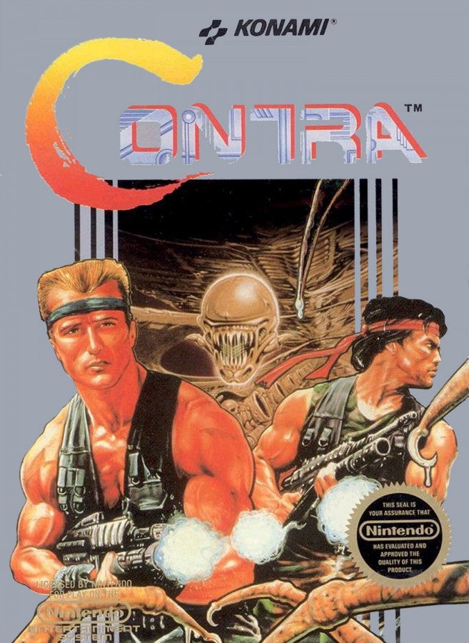 Contra cartridge for the Nintendo Entertainment System featuring fast paced 8 bit run and gun action with co op gameplay as commandos battling alien invaders across intense side scrolling stages cover art