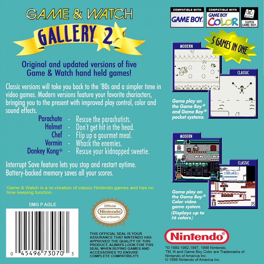 Game & Watch Gallery 2 for Game Boy Color, back of case for a retro compilation video game with classic handheld mini-games, updated gameplay modes, score challenges, and Nintendo character-themed visuals