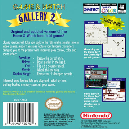 Game & Watch Gallery 2 for Game Boy Color, back of case for a retro compilation video game with classic handheld mini-games, updated gameplay modes, score challenges, and Nintendo character-themed visuals