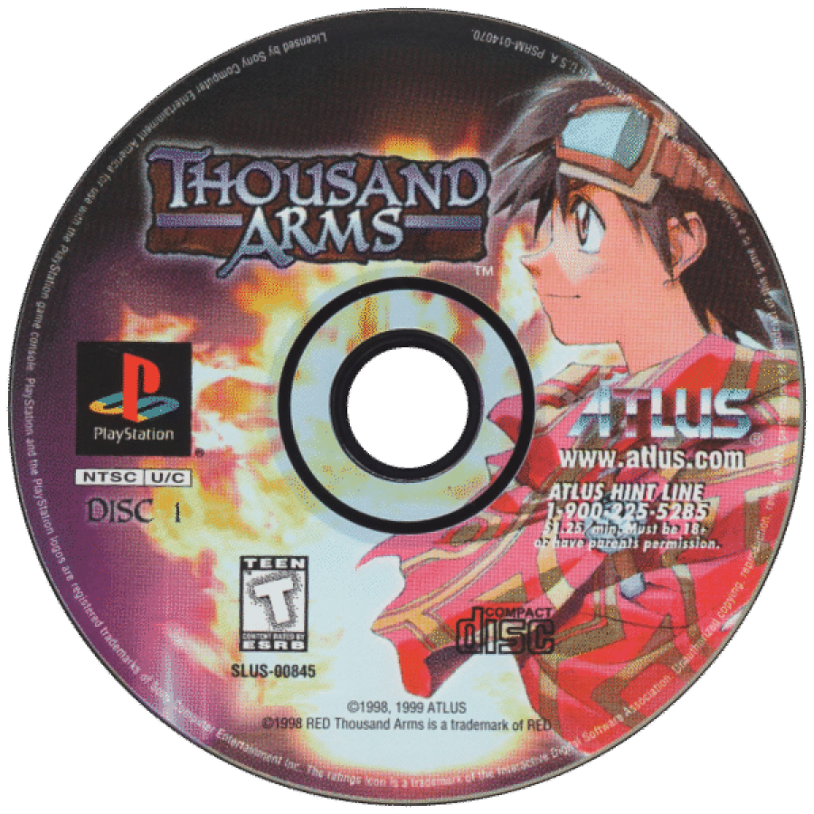 Thousand Arms PlayStation 1 PS1 turn-based RPG dating sim hybrid cel shaded anime style weapon forging system romance routes multiple endings disc art