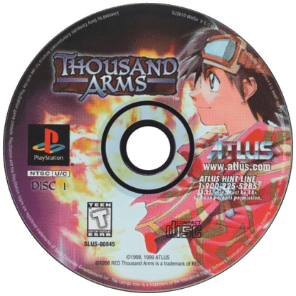 Thousand Arms PlayStation 1 PS1 turn-based RPG dating sim hybrid cel shaded anime style weapon forging system romance routes multiple endings disc art