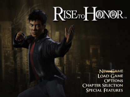 Rise to Honor Greatest Hits PlayStation 2 Jet Li first video game starring role Kit Yun undercover cop martial arts action analog stick combat system 360-degree fighting Corey Yuen choreography motion captured moves Hong Kong to San Francisco journey cinematic brawler environmental weapons adrenaline attacks Sony first-party exclusive main menu game select