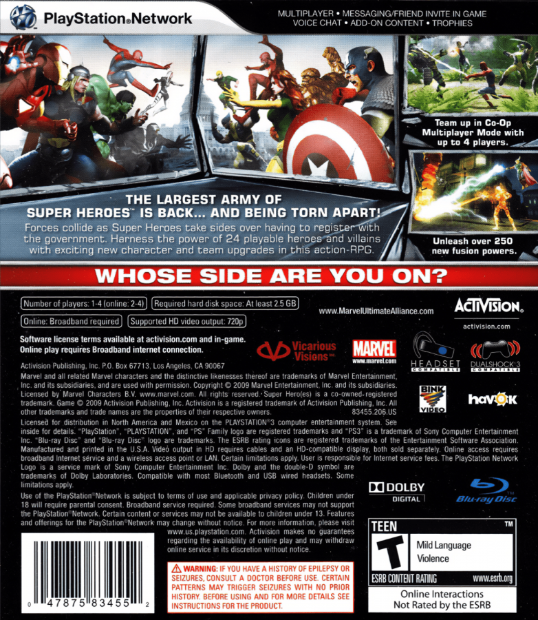 Marvel Ultimate Alliance 2 back cover art for Playstation 3 (PS3) super hero video game. 
