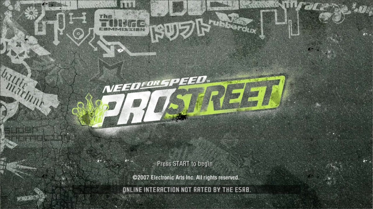Title screen of 'Need for Speed ProStreet' with game logo and text on a textured background.
