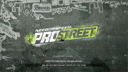 Title screen of 'Need for Speed ProStreet' with game logo and text on a textured background.