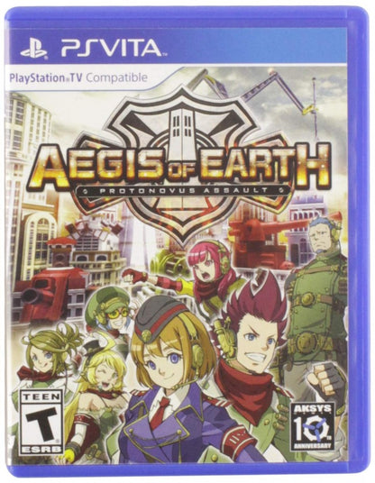 Aegis of Earth: Protonovus Assault cover art for PlayStation Vita video game, action strategy tower defense, sci-fi mech combat, handheld console title