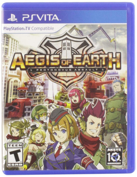 Aegis of Earth: Protonovus Assault cover art for PlayStation Vita video game, action strategy tower defense, sci-fi mech combat, handheld console title