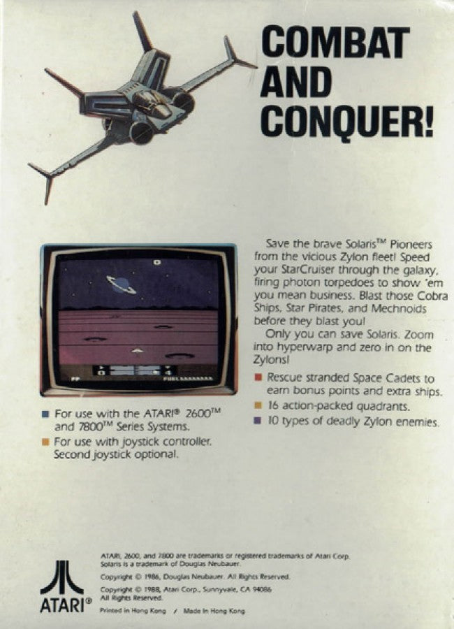 Solaris retro Atari 2600 video game featuring sci fi space combat, open world exploration, arcade shooter gameplay and classic Atari console adventure - back of case