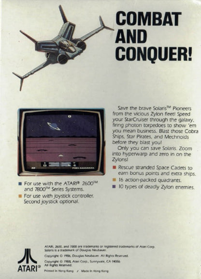 Solaris retro Atari 2600 video game featuring sci fi space combat, open world exploration, arcade shooter gameplay and classic Atari console adventure - back of case
