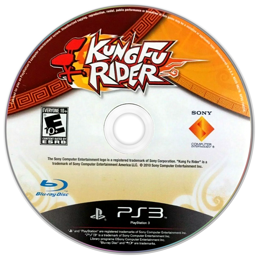 Kung Fu Rider video game, action adventure, motion-controlled gameplay, arcade-style combat, fast-paced console title disc art