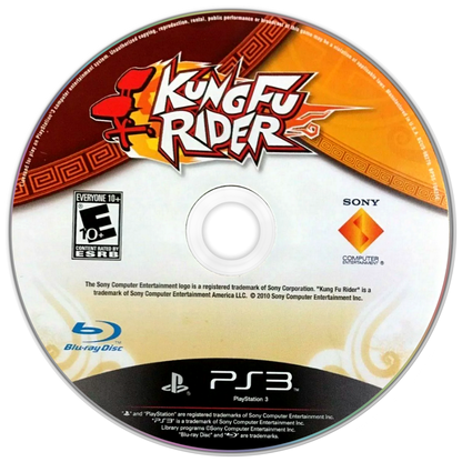 Kung Fu Rider video game, action adventure, motion-controlled gameplay, arcade-style combat, fast-paced console title disc art