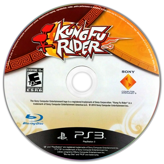Kung Fu Rider video game, action adventure, motion-controlled gameplay, arcade-style combat, fast-paced console title disc art