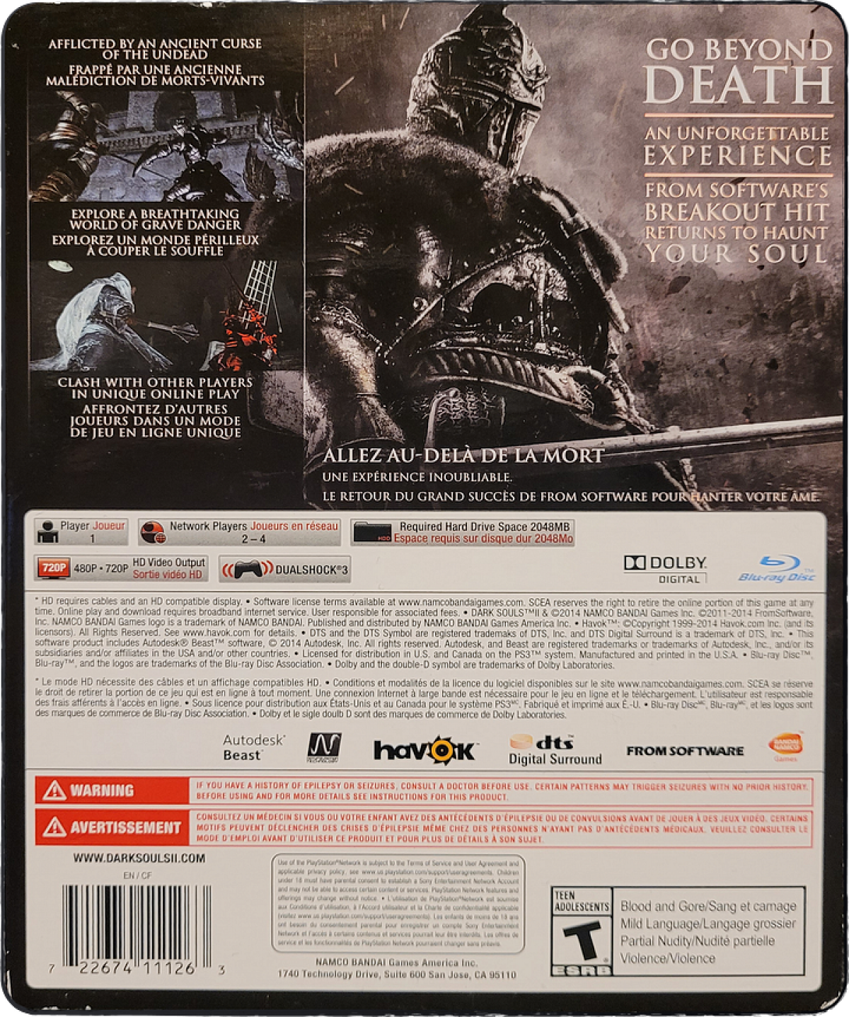 Dark Souls II PlayStation 3 challenging action RPG punishing difficulty FromSoftware brutal combat deep character customization interconnected world lore exploration back cover