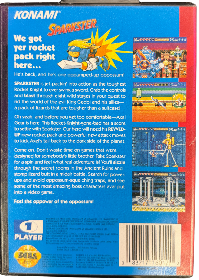 Sparkster Sega Genesis for retro video game enthusiasts featuring side scrolling action platforming gameplay rocket powered knight adventures fast paced combat colorful fantasy worlds challenging boss battles classic 16 bit gaming and collectible gaming appeal back cover art