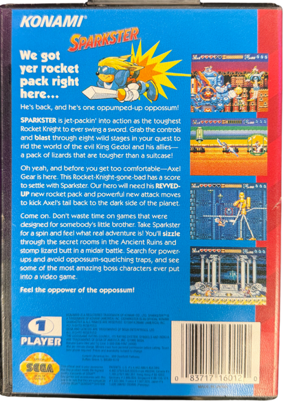 Sparkster Sega Genesis for retro video game enthusiasts featuring side scrolling action platforming gameplay rocket powered knight adventures fast paced combat colorful fantasy worlds challenging boss battles classic 16 bit gaming and collectible gaming appeal back cover art